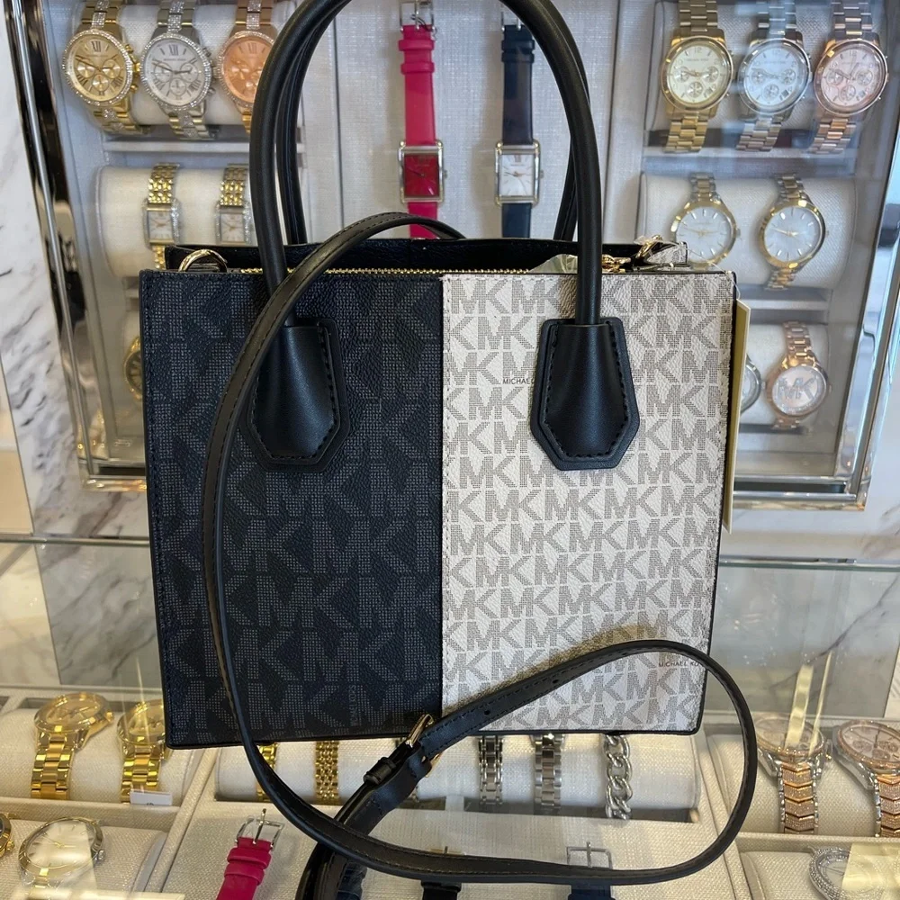 Michael Kors Mercer Md Two-Tone Logo Crossbody Messenger Black Multi Purse NWT